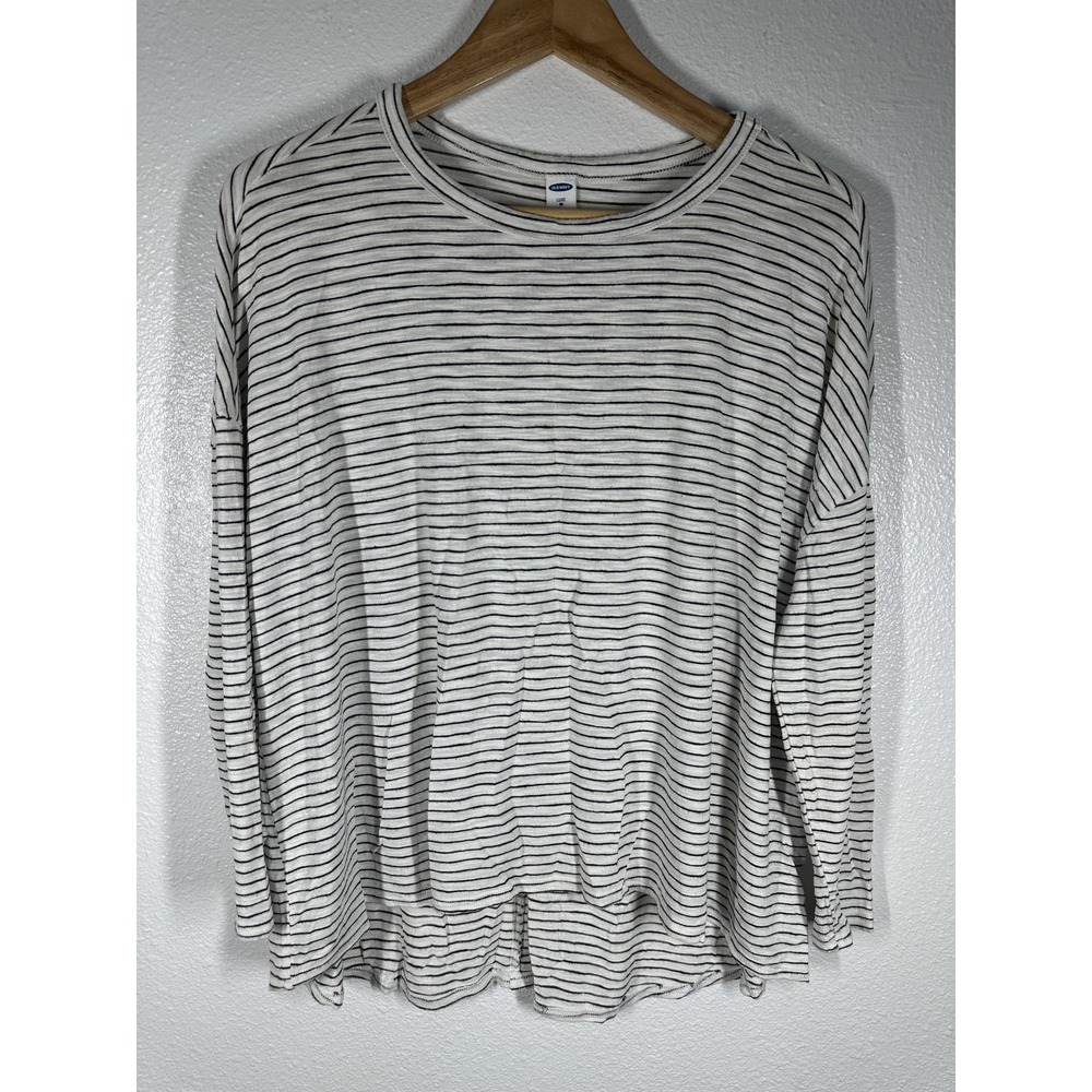 Old Navy Shirt Womens Medium White‎ Black Striped Luxe Long Sleeve Scoop Hem
